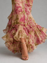 Women’s Floral Chiffon Maxi Dress – Puff Sleeve Fishtail Gown