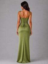 Women’s Satin Feel Ruched Waist Maxi Dress – Sculpted Fit
