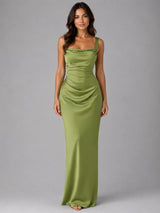 Women’s Satin Feel Ruched Waist Maxi Dress – Sculpted Fit