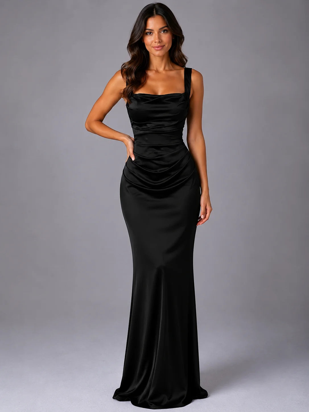 Women’s Satin Feel Ruched Waist Maxi Dress – Sculpted Fit