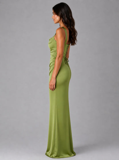 Women’s Satin Feel Ruched Waist Maxi Dress – Sculpted Fit