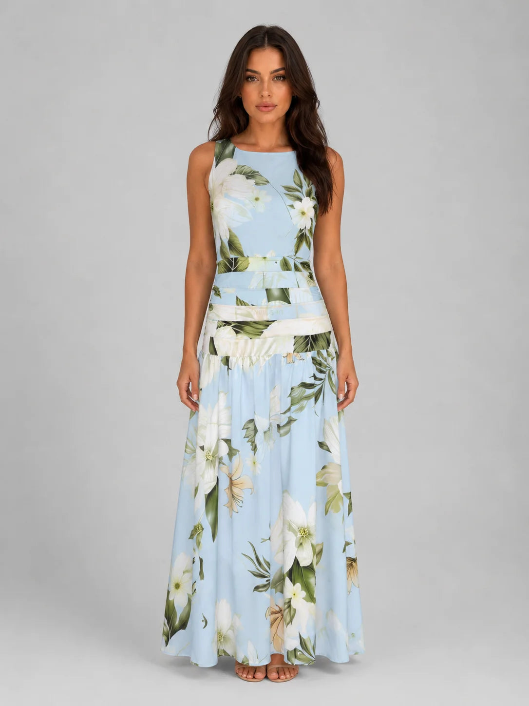 Women's Sleeveless Floral Maxi Dress – Boat Neck & Defined Waist