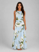 Women's Sleeveless Floral Maxi Dress – Boat Neck & Defined Waist