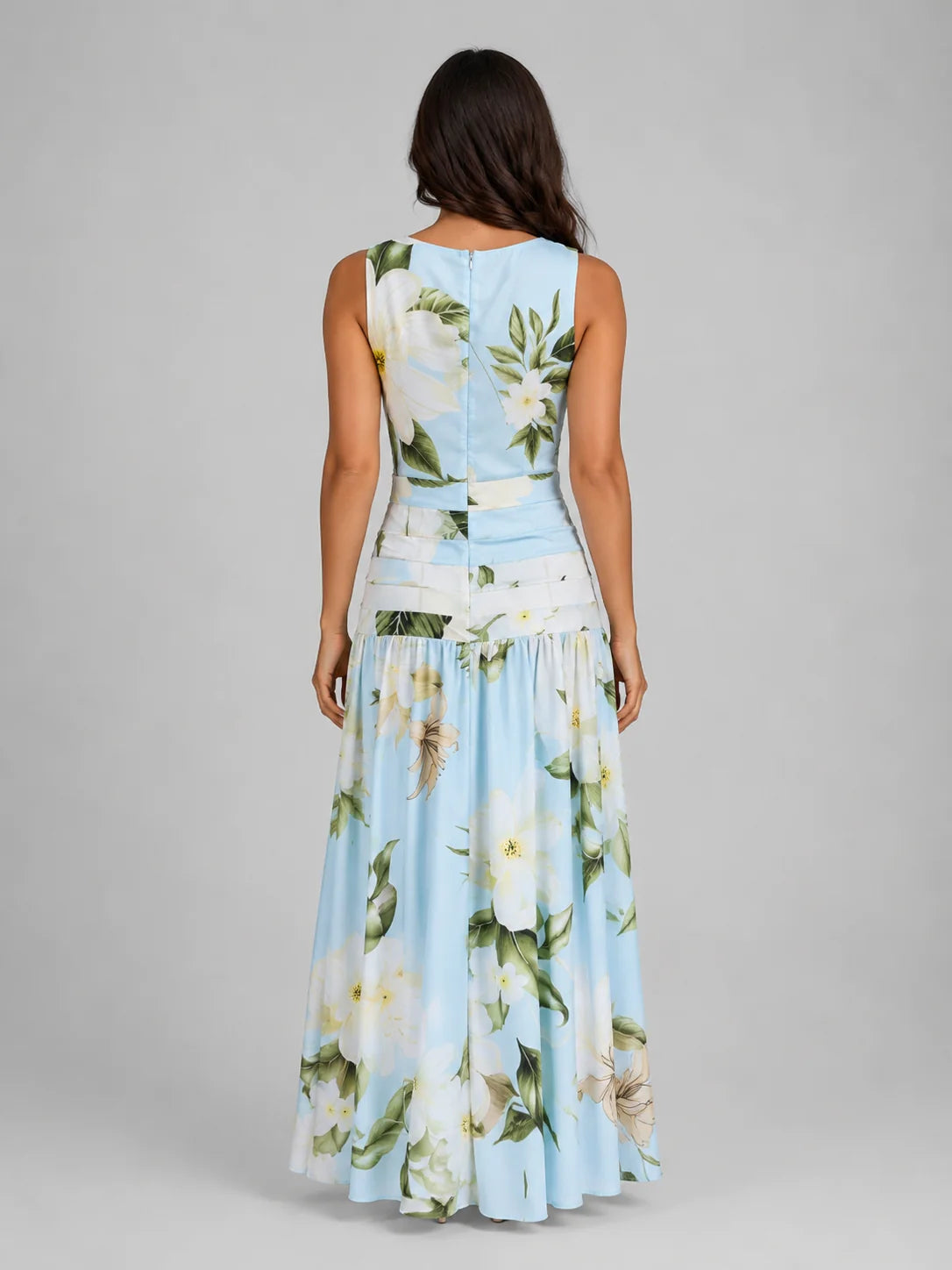 Women's Sleeveless Floral Maxi Dress – Boat Neck & Defined Waist
