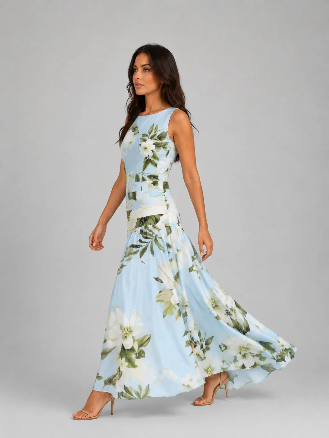 Women's Sleeveless Floral Maxi Dress – Boat Neck & Defined Waist