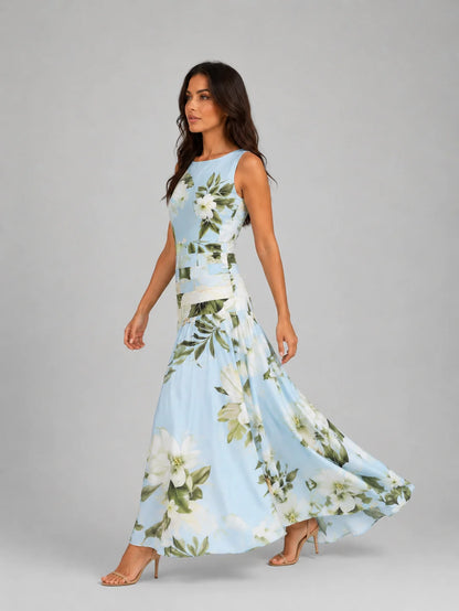 Women's Sleeveless Floral Maxi Dress – Boat Neck & Defined Waist
