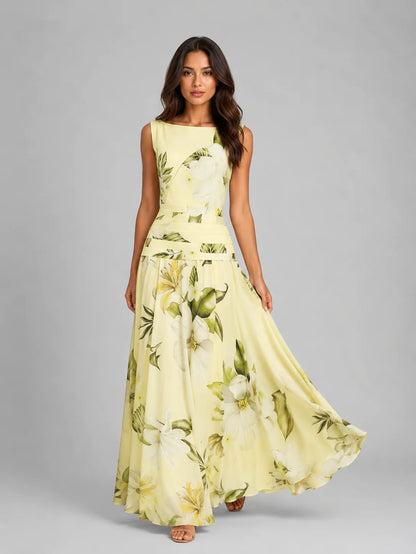 Women's Sleeveless Floral Maxi Dress – Boat Neck & Defined Waist