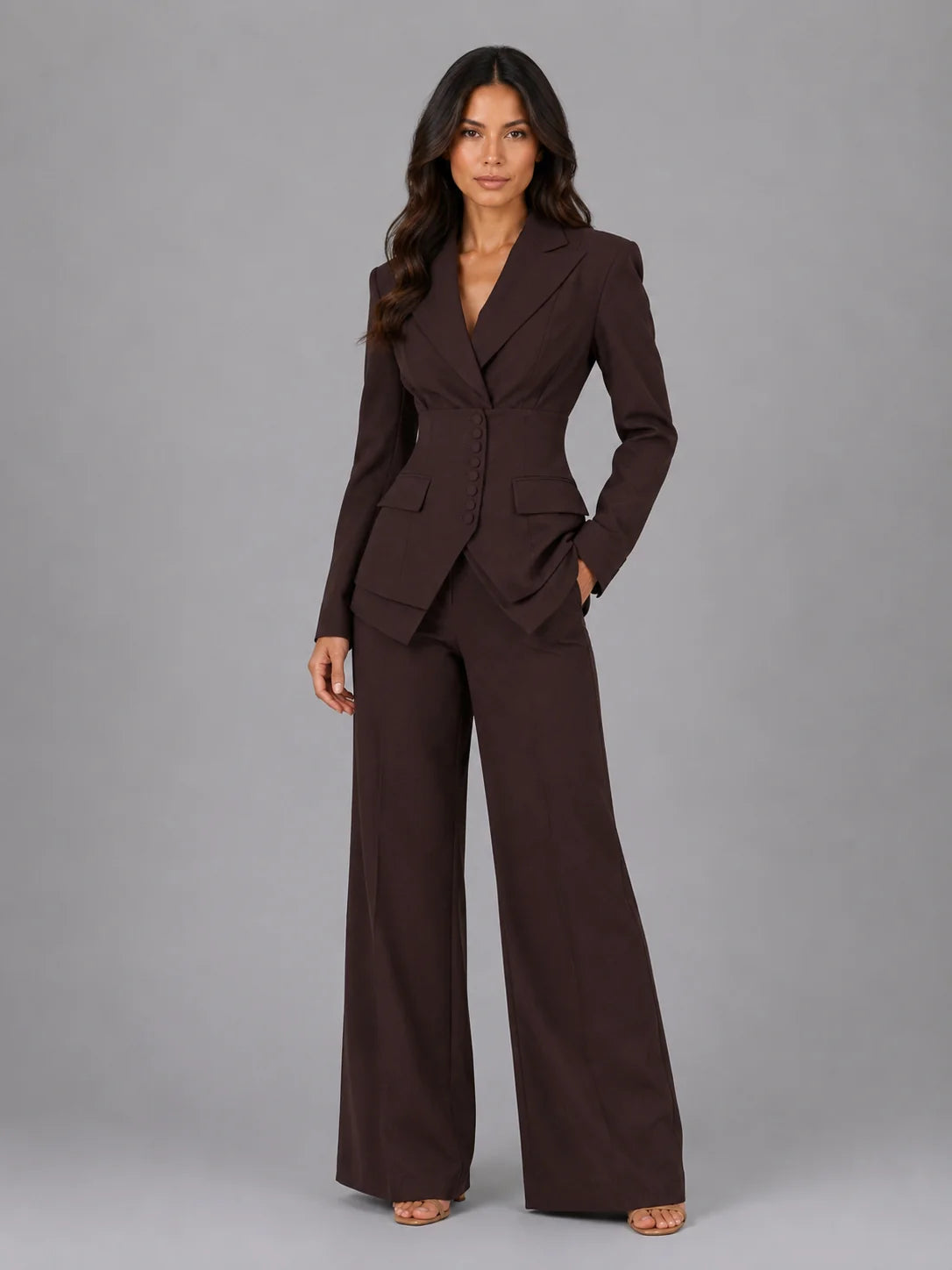 Women’s Tailored Three-Piece Suit – Cinched Waist & Wide-Leg Trousers