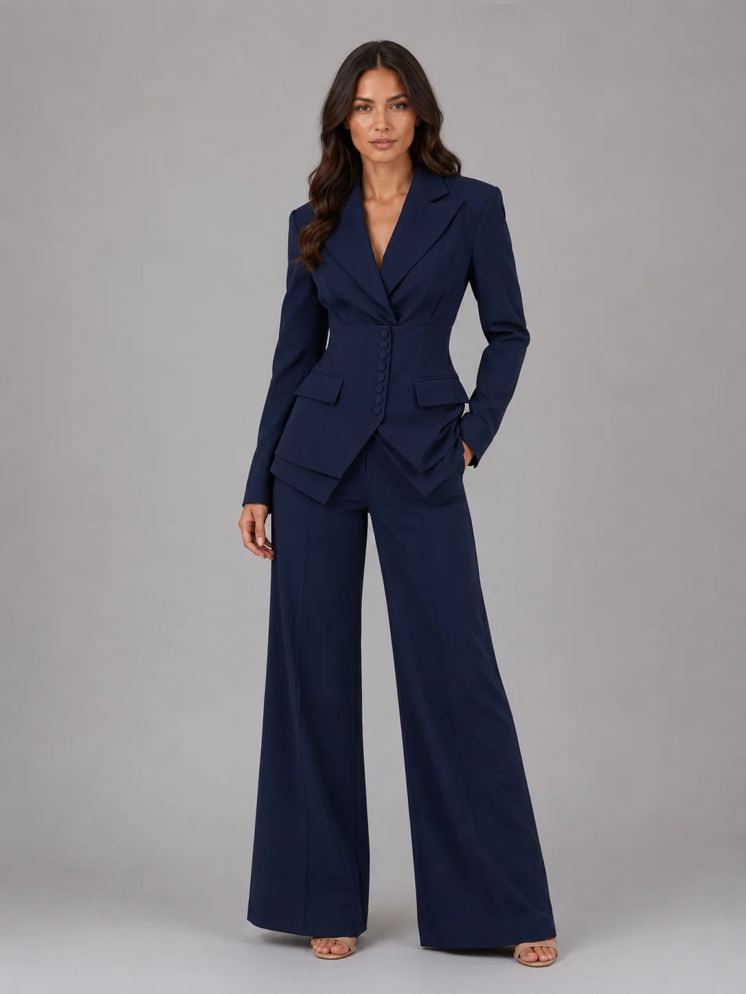 Women’s Tailored Three-Piece Suit – Cinched Waist & Wide-Leg Trousers