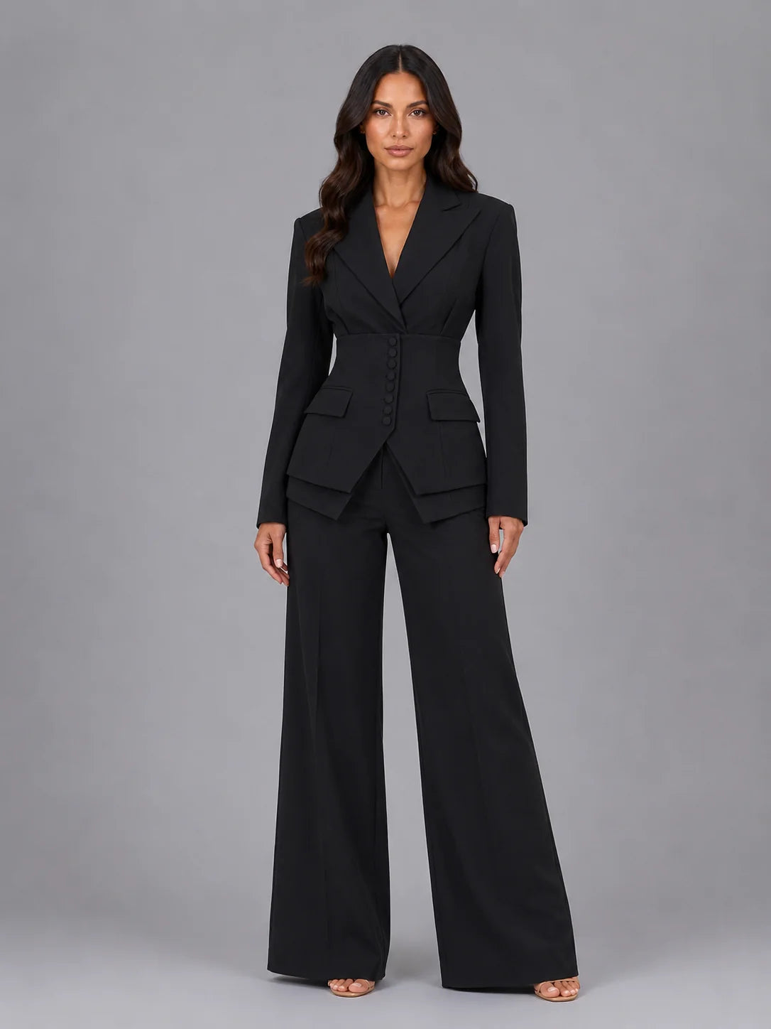 Women’s Tailored Three-Piece Suit – Cinched Waist & Wide-Leg Trousers