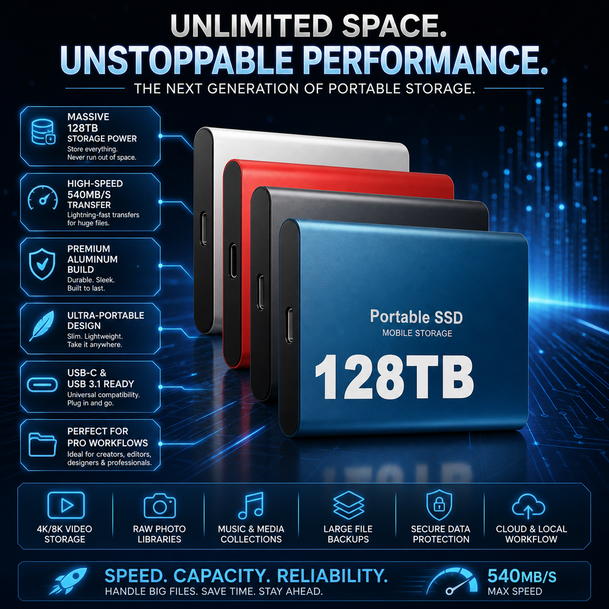 External SSD Portable Storage Device USB 128TB