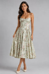 Women’s Floral Corset Midi Dress – Sweetheart Neck Wedding Guest Style