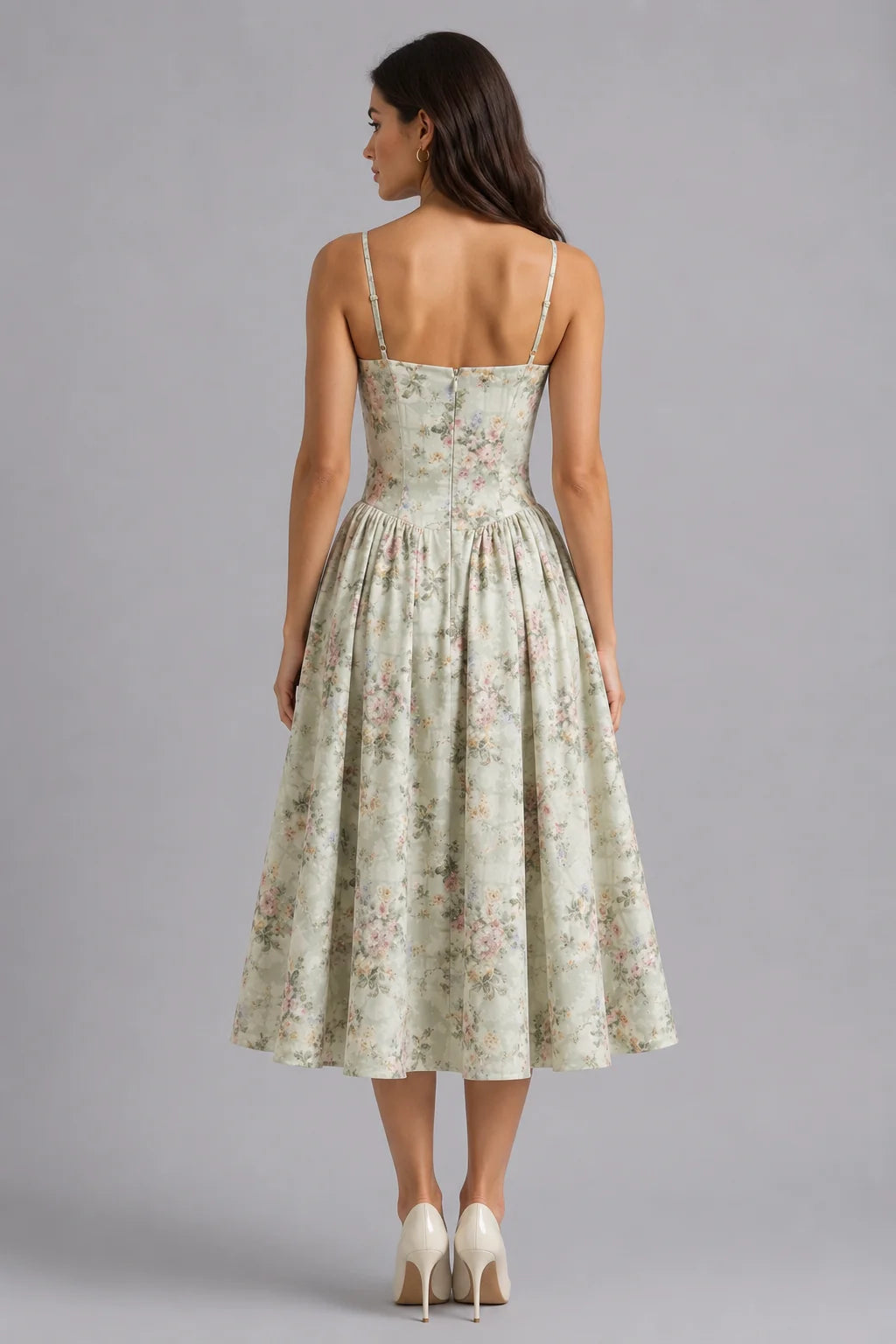 Women’s Floral Corset Midi Dress – Sweetheart Neck Wedding Guest Style