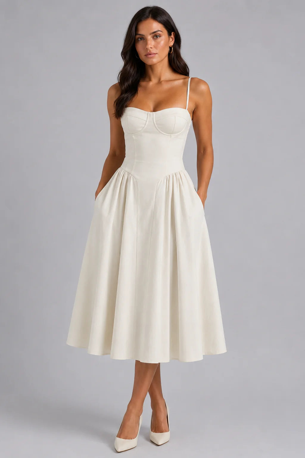 Women’s Floral Corset Midi Dress – Sweetheart Neck Wedding Guest Style