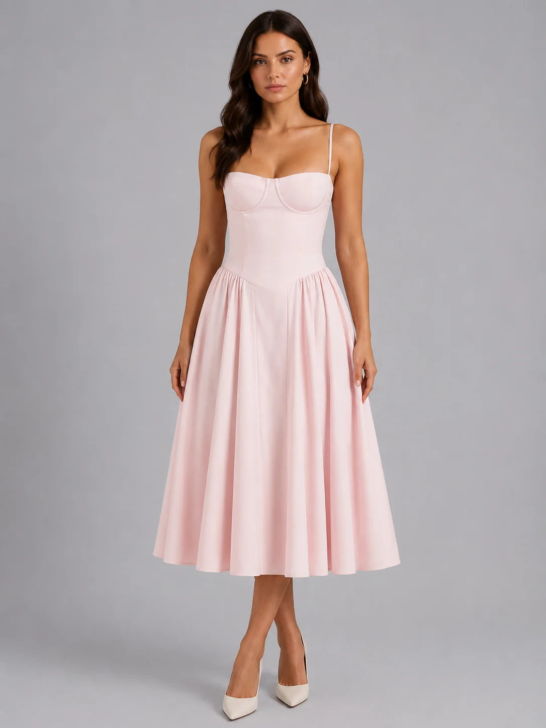 Women’s Floral Corset Midi Dress – Sweetheart Neck Wedding Guest Style